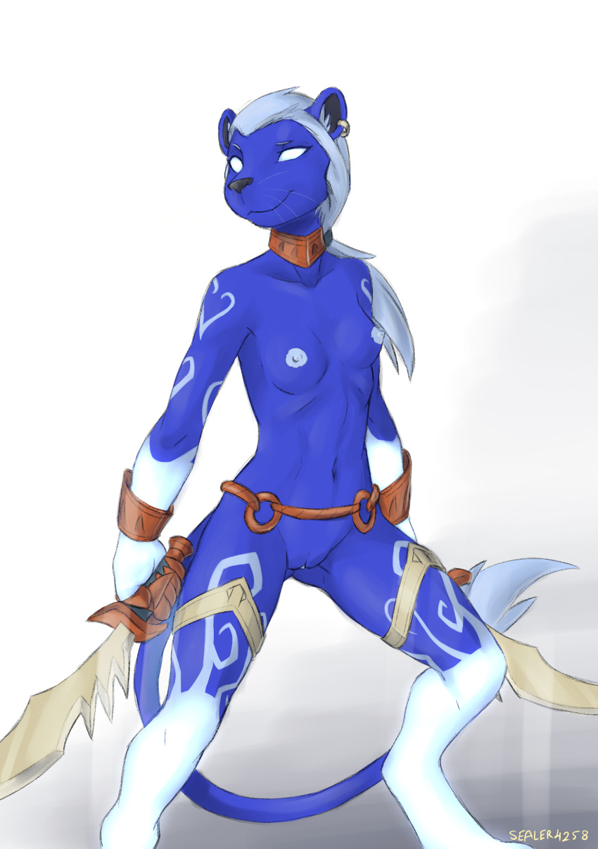 2020 3:4 absurd_res accessory animal_humanoid anthro athletic athletic_anthro athletic_female belt black_nose blue_body blue_fur blue_hair bracelet breasts clothed clothing collar colored digital_drawing_(artwork) digital_media_(artwork) digitigrade dreamworks_smirk dual_holding dual_wielding ear_piercing ear_ring felid felid_humanoid feline feline_humanoid female full-length_portrait fur genitals gloves_(marking) glowing glowing_body glowing_eyes glowing_markings hair head_jewelry heroes_of_might_and_magic heroes_of_might_and_magic_5 hi_res holding_object holding_weapon humanoid jewelry leg_markings mammal mammal_humanoid markings melee_weapon midriff might_and_magic mostly_nude navel necklace nipples nude partially_clothed piercing portrait pussy rakshasa_(might_and_magic) rakshasa_rani ring_piercing sealer4258 simple_background skimpy small_breasts smile smirk socks_(marking) solo sword tail ubisoft warrior weapon whiskers white_background white_body white_eyes white_hair white_markings white_nipples