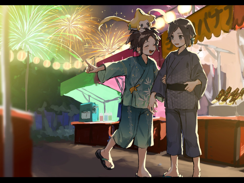 2boys :d alternate_costume banana bangs black_footwear blush brown_hair calem_(pokemon) chocolate closed_eyes clothing_request commentary_request fireworks food fruit grey_eyes highres jirachi male_focus market_stall multiple_boys nate_(pokemon) night on_head open_mouth outdoors outstretched_arm pokemon pokemon_(creature) pokemon_(game) pokemon_bw2 pokemon_on_head pokemon_xy sandals short_hair signature smile standing upi_(ukn18pkanother)