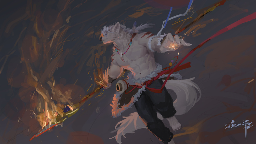 16:9 abs absurd_res anthro awaldkize black_bottomwear black_clothing black_pants blue_eyes bottomwear canid clothed clothing front_view fur hair hi_res holding_object holding_spear holding_weapon jewelry male mammal melee_weapon mouth_closed muscular muscular_anthro muscular_male neck_tuft necklace pants pecs polearm red_stripes simple_background solo spear striped_arms stripes tail topless tuft weapon white_body white_fur white_hair white_tail widescreen