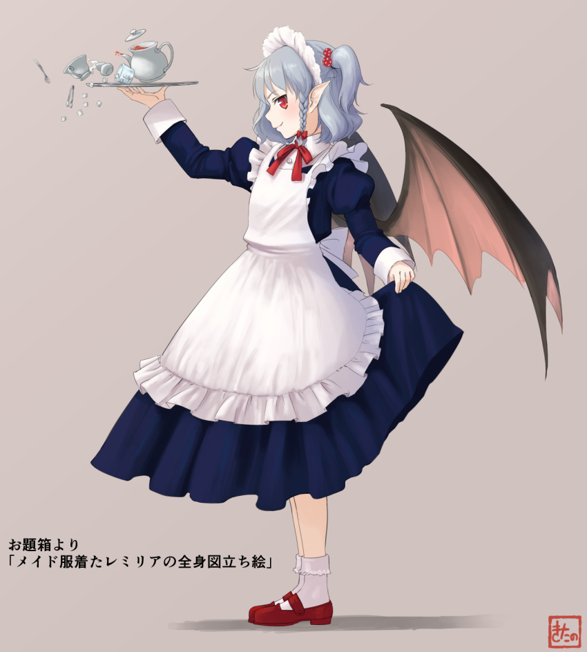 1girl alternate_costume alternate_hairstyle apron bow braid commentary_request creamer_(vessel) cup dress enmaided full_body grey_hair hair_bow highres kitano_(kitanosnowwhite) lifted_by_self maid maid_headdress mary_janes one_side_up pointy_ears red_bow red_eyes remilia_scarlet shoes side_braid simple_background skirt_hold solo spilling spoon standing sugar_cube tea teacup teapot touhou tray