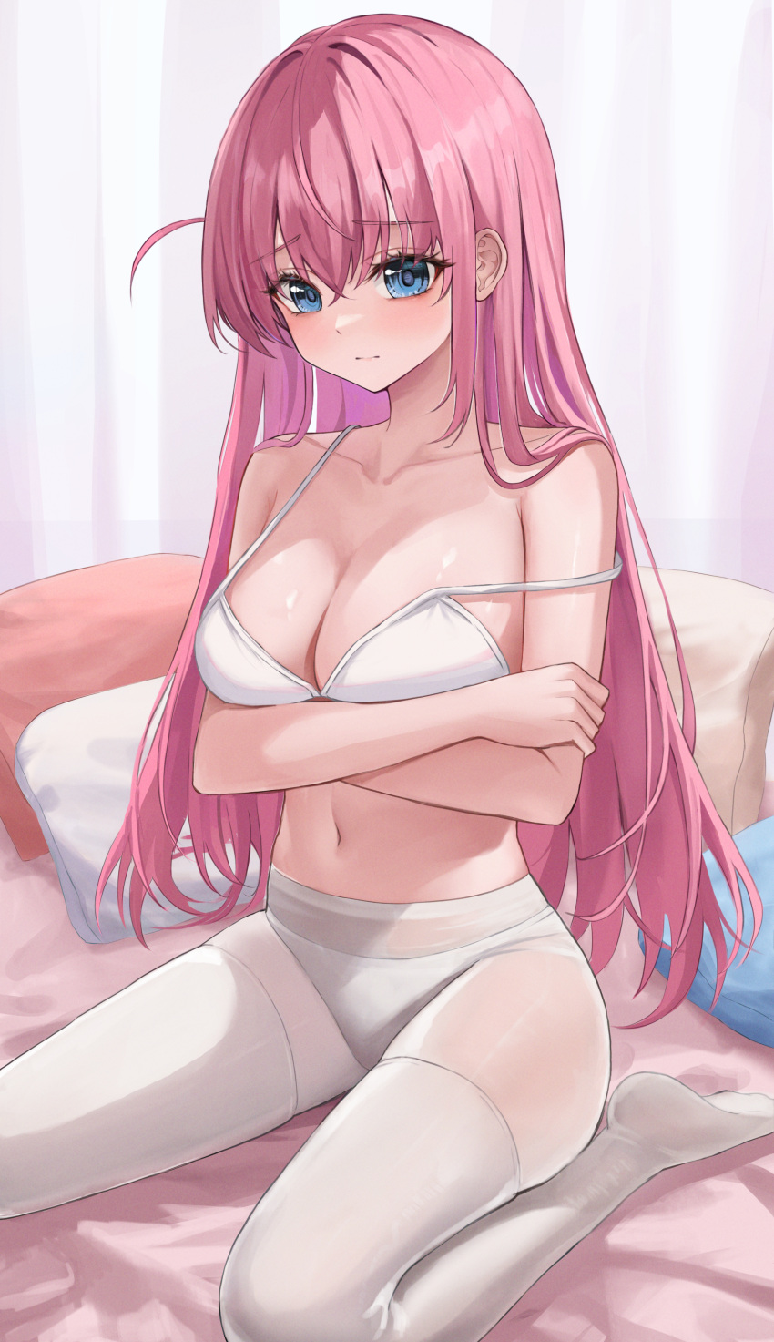 1girl absurdres arms_under_breasts bangs bare_arms bare_shoulders bikini bikini_under_clothes blue_eyes blush bocchi_the_rock! breasts cleavage closed_mouth crossed_arms crossed_bangs gotou_hitori hair_between_eyes highres large_breasts long_hair looking_at_viewer navel no_shoes on_bed one_side_up pantyhose pillow pink_hair raised_eyebrows sidelocks sitting solo stomach strap_slip string_bikini swimsuit thighhighs thighhighs_over_pantyhose thighs ttusee5 underwear very_long_hair white_bikini white_pantyhose white_thighhighs