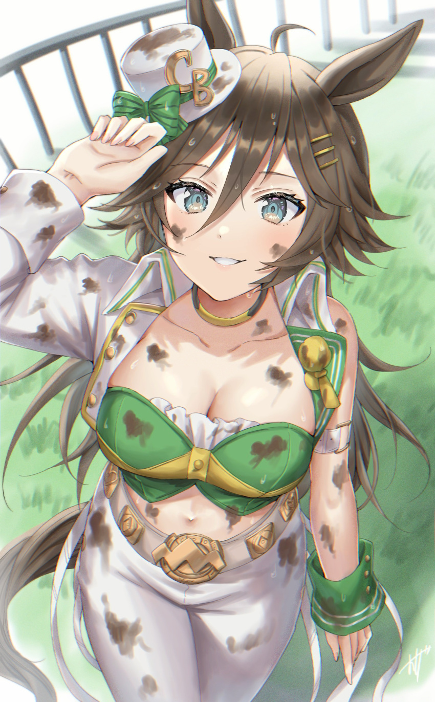 1girl ahoge animal_ears arm_strap blue_eyes breasts brown_hair cleavage commentary_request crop_top dirty grass green_shirt grin hair_between_eyes hair_ornament hairclip hat highres horse_ears jacket large_breasts long_hair long_sleeves looking_at_viewer midriff mini_hat mini_top_hat mr._c.b._(umamusume) navel open_clothes open_jacket oshage_(osyage921) pants shirt single_bare_shoulder single_sleeve smile solo standing stomach strapless strapless_shirt tail thighs top_hat umamusume very_long_hair white_headwear white_jacket white_pants