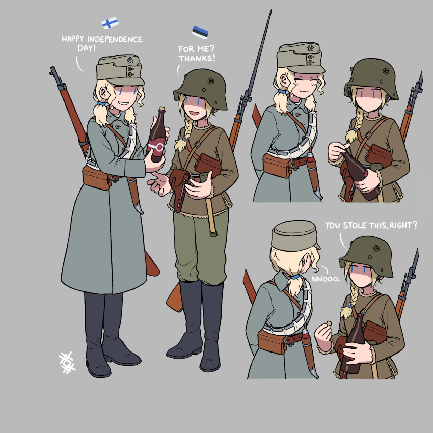 2girls absurdres alcohol bayonet beer blonde_hair bolt_action bottle braid brown_jacket english_text estonian_flag finnish_army finnish_flag green_jacket grey_background gun hat helmet highres jacket long_sleeves military military_hat military_helmet military_uniform mosin-nagant multiple_girls original ostwindprojekt rifle uniform weapon