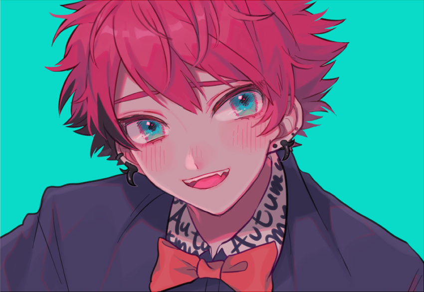 1boy 382 a3! black_hair blue_background blue_eyes blue_shirt bow bowtie ear_piercing earrings facing_viewer jewelry looking_to_the_side male_focus multicolored_hair multiple_earrings nanao_taichi open_mouth piercing red_bow red_bowtie red_hair shirt short_hair smile solo