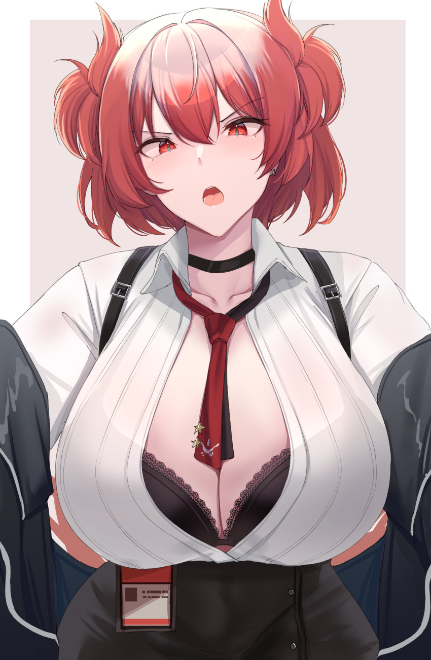 1girl absurdres arknights black_choker breasts choker commentary_request fiammetta_(arknights) hair_between_eyes highres huge_breasts kanta_(kanta_077) looking_at_viewer off_shoulder open_mouth pointy_hair red_eyes red_hair shirt short_hair solo upper_body white_shirt