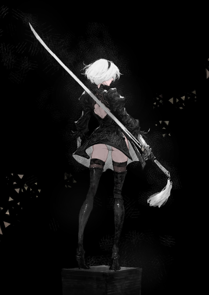 1girl ass back_cutout black_background black_dress black_hairband boots clothing_cutout dress from_behind hairband high_heel_boots high_heels highres holding holding_sword holding_weapon juliet_sleeves kazama_raita long_sleeves nier:automata nier_(series) puffy_sleeves short_hair simple_background solo sword thigh_boots thighhighs weapon white_hair yorha_no._2_type_b