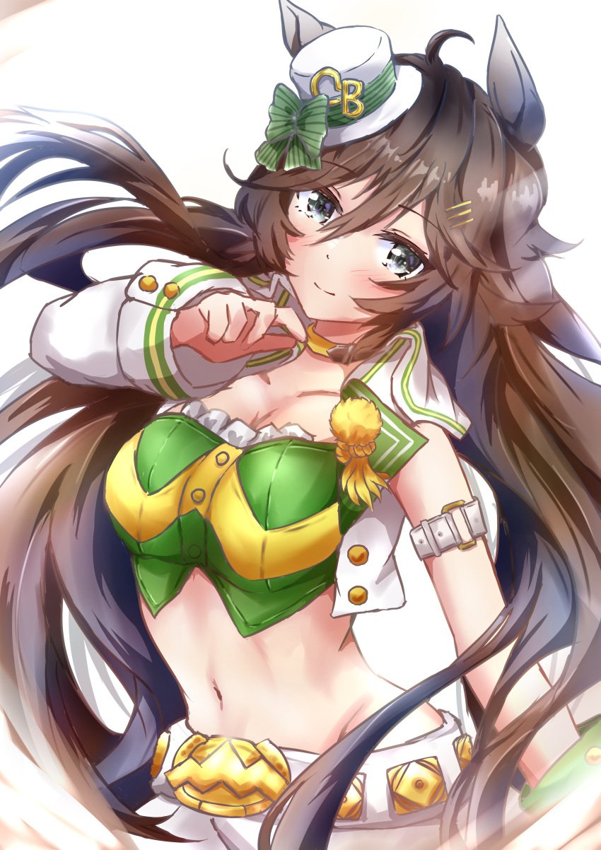 1girl absurdres animal_ears arm_strap blue_eyes blush bow breasts brown_hair choker commentary_request crop_top green_bow green_shirt hair_between_eyes hat hat_bow highres horse_ears large_breasts long_hair long_sleeves looking_at_viewer midriff mini_hat mini_top_hat mr._c.b._(umamusume) navel shirt single_bare_shoulder single_sleeve smile solo stomach strapless strapless_shirt sugi_(user_nash8444) top_hat umamusume upper_body very_long_hair white_background white_headwear yellow_choker