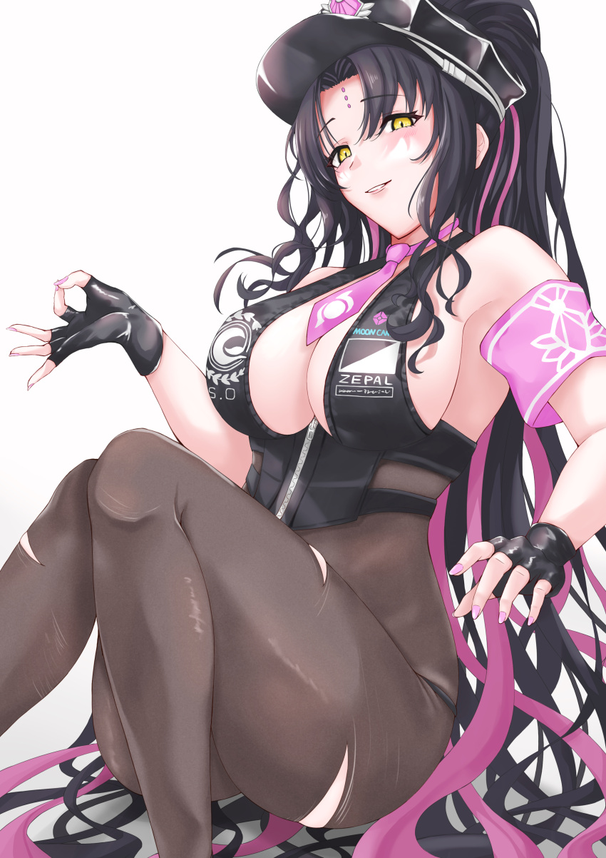 1girl absurdres bangs bare_shoulders bikini black_bikini black_gloves black_hair black_headwear black_pantyhose blush breasts cleavage facial_mark fate/grand_order fate_(series) fingerless_gloves forehead_mark gloves grin halterneck hat highres kueru_1285 large_breasts long_hair looking_at_viewer multicolored_hair necktie pantyhose parted_bangs pink_hair police_hat ponytail sesshouin_kiara sesshouin_kiara_(swimsuit_mooncancer) sesshouin_kiara_(swimsuit_mooncancer)_(second_ascension) sitting smile solo streaked_hair swimsuit thighs very_long_hair yellow_eyes
