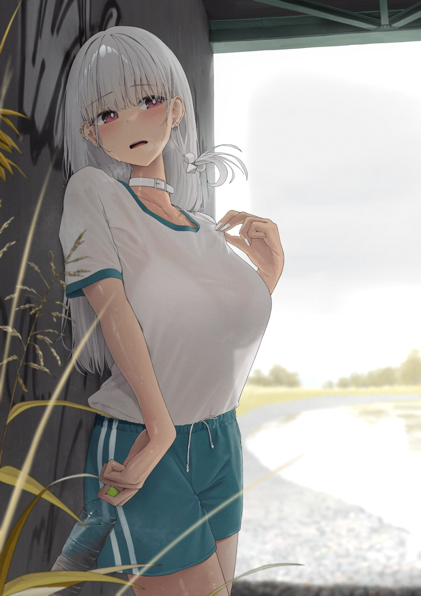 1girl bangs blush bra breasts collar ear_piercing gym_uniform highres large_breasts long_hair noeru open_mouth original piercing plastic_bottle purple_eyes see-through shorts solo sweat underwear white_bra white_hair