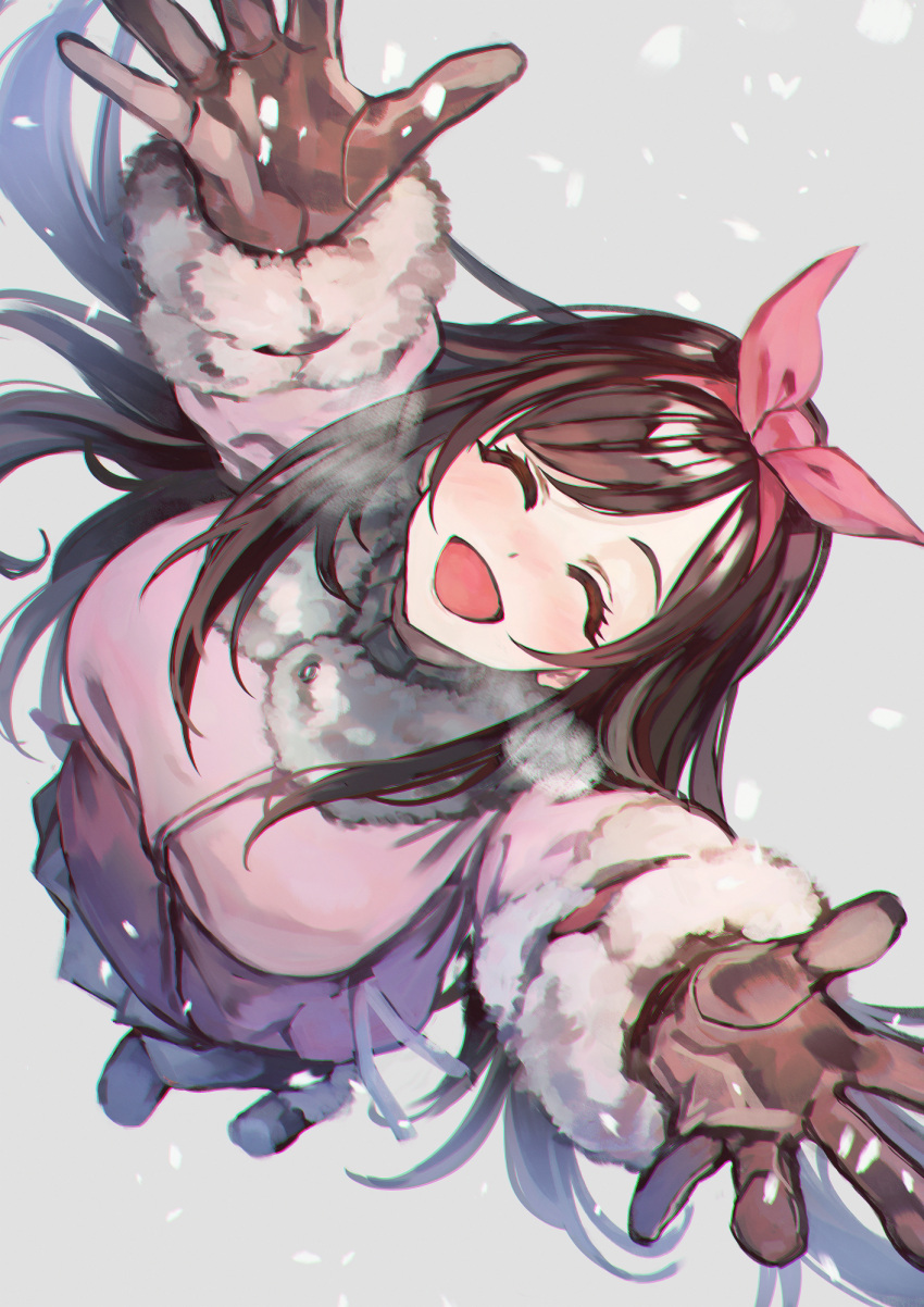 1girl ^_^ arms_up blush bow breasts brown_gloves brown_hair closed_eyes coat from_above fur-trimmed_coat fur_trim gloves hair_bow highres idolmaster idolmaster_shiny_colors large_breasts long_hair otsudou outstretched_arms pink_coat smile snowing solo tsukioka_kogane very_long_hair