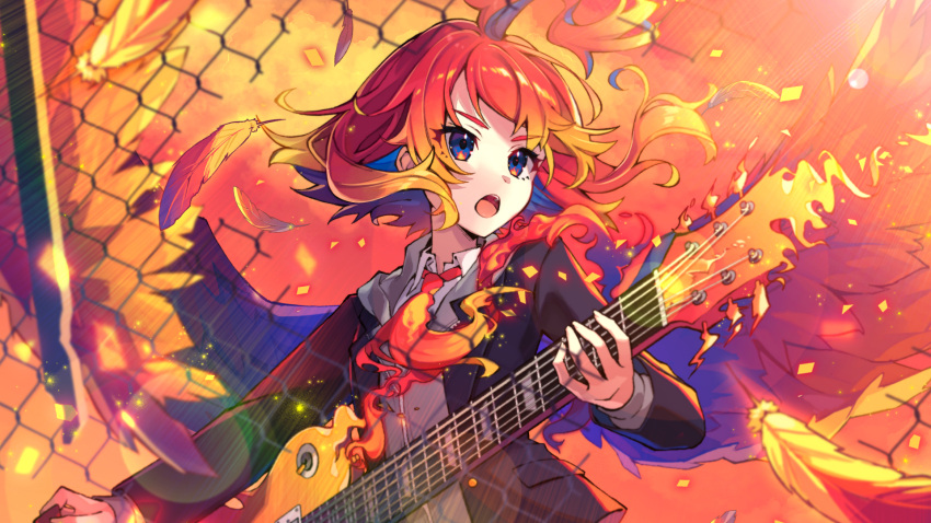 1girl black_jacket blonde_hair blue_eyes collared_shirt feathers guitar highres holding holding_instrument instrument jacket long_sleeves looking_to_the_side multicolored_hair necktie nou_(nounknown) orange_hair original phoenix_(vocaloid) red_necktie shirt solo wavy_hair white_shirt