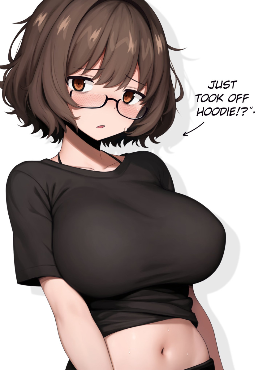 1girl aki_(snale) arrow_(symbol) black_shirt blush breasts brown_eyes brown_hair english_text glasses highres large_breasts looking_at_viewer midriff mikoscrub navel open_mouth original shirt short_hair short_sleeves simple_background solo upper_body white_background