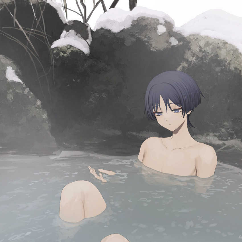1boy artist_name bangs bare_shoulders blunt_ends branch chinikuniku collarbone commentary dated day fingernails genshin_impact hand_up highres looking_down male_focus mountain no_headwear nude outdoors parted_bangs purple_eyes purple_hair rock sauna scaramouche_(genshin_impact) short_hair sitting sky snow solo steam symbol-only_commentary teeth water watermark white_sky