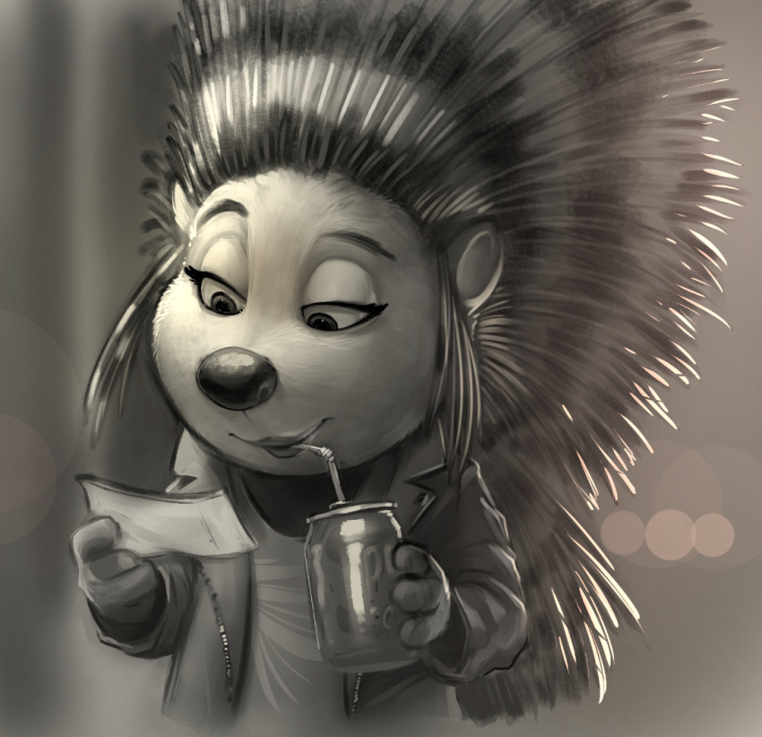 anthro ash_(sing) beverage_can carrot_(artist) clothing female half-closed_eyes holding_object illumination_entertainment jacket lips mammal monochrome mouth_closed narrowed_eyes paper porcupine reading rodent shirt sing_(movie) smile solo straw_in_mouth topwear