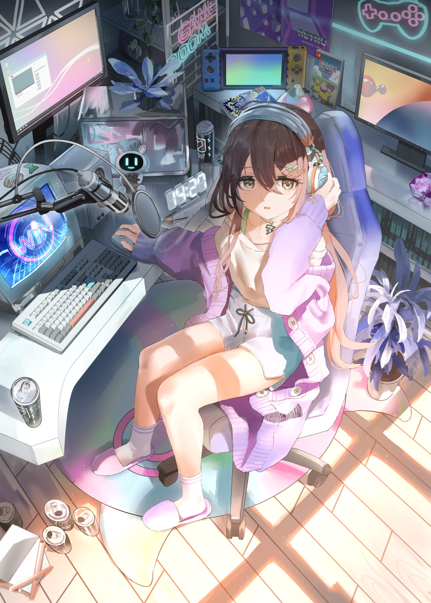 1girl absurdres bangs breasts brown_hair can canned_coffee carpet chair collarbone commentary_request computer controller dappled_sunlight from_above game_controller gaming_chair hair_over_one_eye headphones highres idolmaster idolmaster_shiny_colors indoors jacket keyboard_(computer) long_hair looking_at_viewer medium_breasts microphone microphone_stand monitor nemu_kotatsu nintendo_switch off-shoulder_shirt off_shoulder on_chair open_can open_clothes open_jacket osaki_tenka plant potted_plant shirt shorts sitting slippers socks solo sunlight swivel_chair yellow_eyes