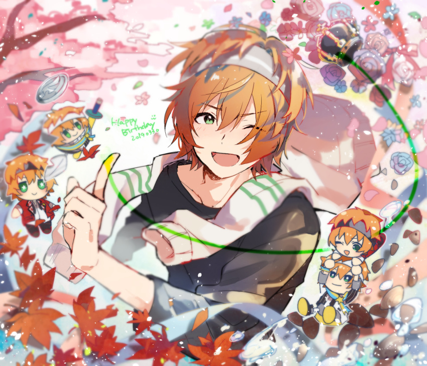 1boy 2019 amai_kuro black_shirt chibi dated green_eyes happy_birthday idolmaster idolmaster_side-m long_sleeves looking_at_viewer male_focus open_mouth orange_hair shirt short_hair smile solo sweatband wakazato_haruna white_background