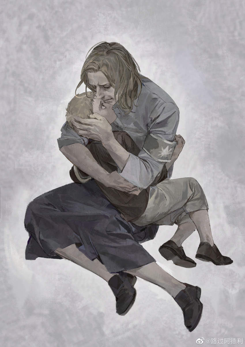 1boy 1girl absurdres aged_down armband blonde_hair brown_shirt collared_shirt from_above full_body hand_on_another's_head highres karina_braun luguoadeli_(maple12031) mother_and_son pants reiner_braun sad scene_reference shingeki_no_kyojin shirt shoes short_hair skirt