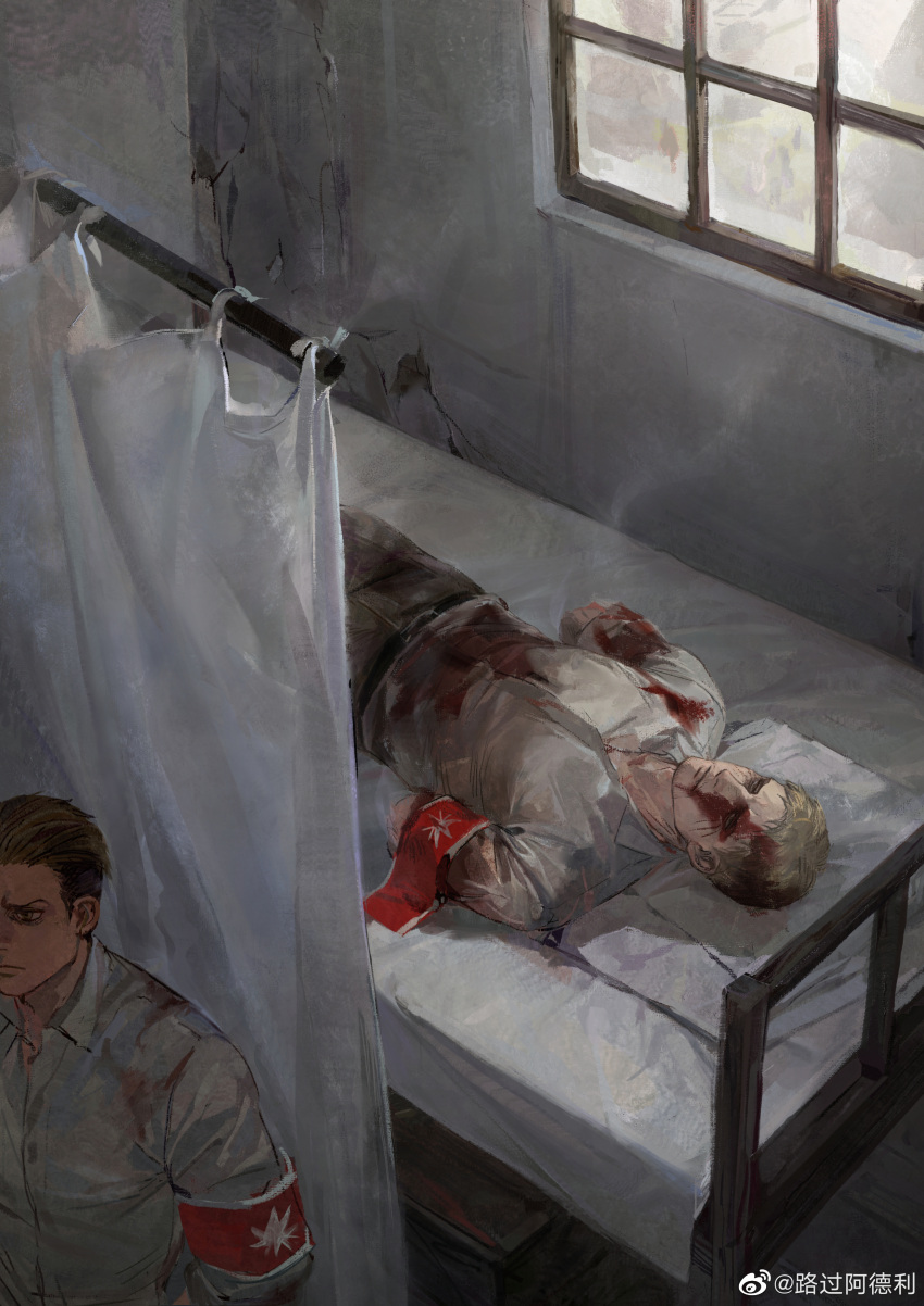 2boys absurdres amputee armband blonde_hair blood blood_on_face collared_shirt from_above highres indoors luguoadeli_(maple12031) lying male_focus marley_military_uniform multiple_boys on_back on_bed porco_galliard reiner_braun scene_reference shingeki_no_kyojin shirt short_hair sunlight