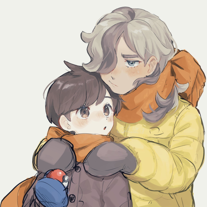 2boys :o alternate_costume arven_(pokemon) bangs blue_mittens blush brown_eyes brown_hair brown_jacket brown_mittens brown_scarf buttons closed_mouth commentary florian_(pokemon) grey_eyes hair_over_one_eye hands_on_another's_shoulders highres jacket long_hair long_sleeves male_focus mittens multiple_boys pokemon pokemon_(game) pokemon_sv scarf short_hair sketch sweatdrop symbol-only_commentary upi_(ukn18pkanother) upper_body white_background yellow_jacket