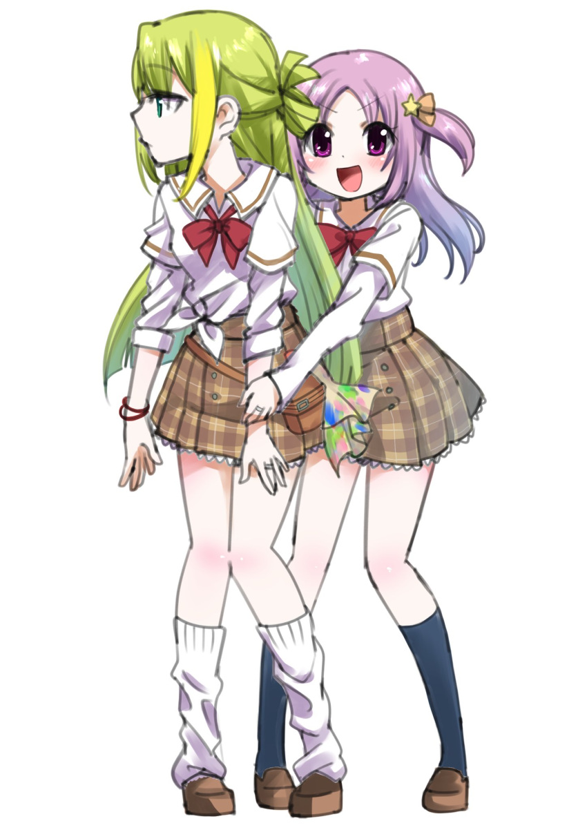 2girls :d alina_gray bangs belt_pouch blonde_hair blue_socks blunt_ends bow bowtie brown_footwear brown_skirt closed_mouth green_hair hair_ornament hair_ribbon highres kneehighs layered_sleeves leon_ahp loafers long_hair long_sleeves loose_bowtie loose_socks magia_record:_mahou_shoujo_madoka_magica_gaiden mahou_shoujo_madoka_magica medium_hair misono_karin multicolored_hair multiple_girls open_mouth orange_ribbon paint_stains parted_bangs plaid plaid_skirt pouch profile purple_eyes purple_hair rag red_bow red_bowtie red_wristband ribbon sakae_general_school_uniform school_uniform shirt shoes short_over_long_sleeves short_sleeves side-tie_shirt sidelocks simple_background single_hair_ring skirt sleeves_rolled_up smile socks standing star_(symbol) star_hair_ornament straight_hair streaked_hair two_side_up very_long_hair white_background white_shirt white_socks wing_collar wristband
