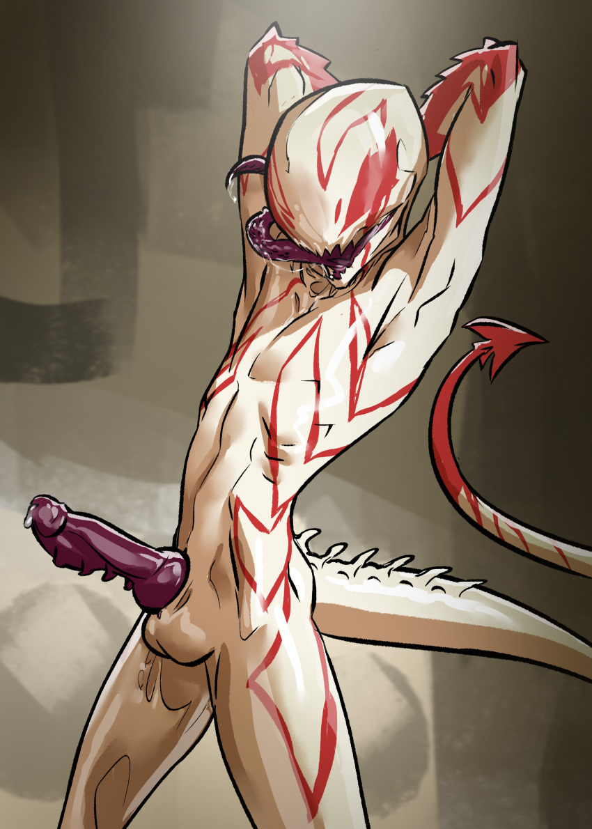 absurd_res alien bodily_fluids genital_fluids genitals hands_behind_head hi_res knot long_tongue looking_at_viewer male maxspite nude penis precum saliva sharp_teeth solo spade_tail spite_(maxspite) standing symbiote tail teeth tongue tongue_out white_body