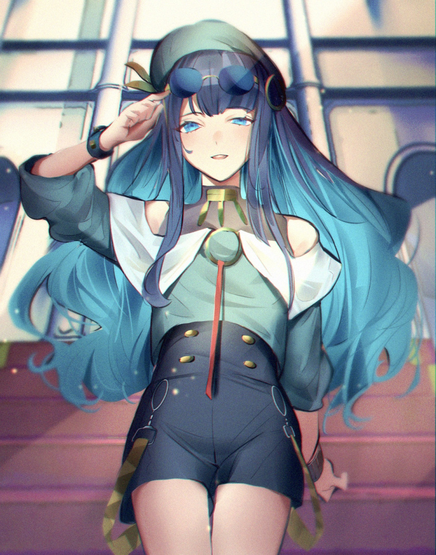 1girl aqua_hair bangs bare_shoulders beret black_hair black_shorts blue_eyes blue_hair bracelet breasts buttons colored_inner_hair double-breasted fate/grand_order fate_(series) green_headwear green_jacket hat highres jacket jewelry long_hair looking_at_viewer multicolored_hair neck_ring o-ring off_shoulder open_mouth round_eyewear shorts sidelocks small_breasts smile solo standing sunglasses tenochtitlan_(fate) thighs wavy_hair yuzu_(pixiv_54192275) zipper