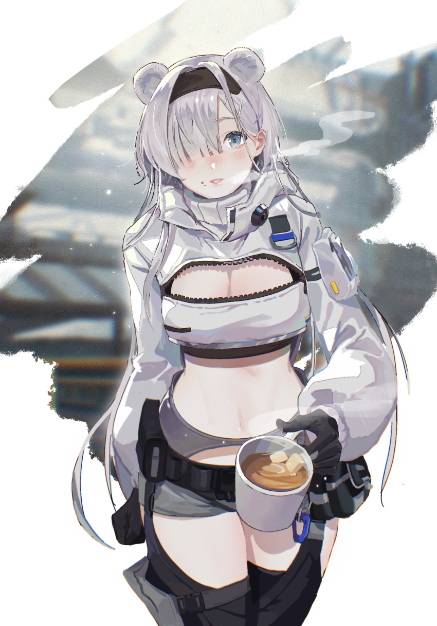 1girl animal_ears arknights aurora_(arknights) bear_ears black_gloves black_hairband black_thighhighs blue_eyes chaps commentary_request cowboy_shot crop_top cropped_jacket cup dongmianyuyu gloves grey_shorts hair_over_one_eye hairband highres holding holding_cup jacket long_hair long_sleeves looking_at_viewer midriff navel short_shorts shorts solo standing stomach thighhighs thighs very_long_hair white_hair white_jacket