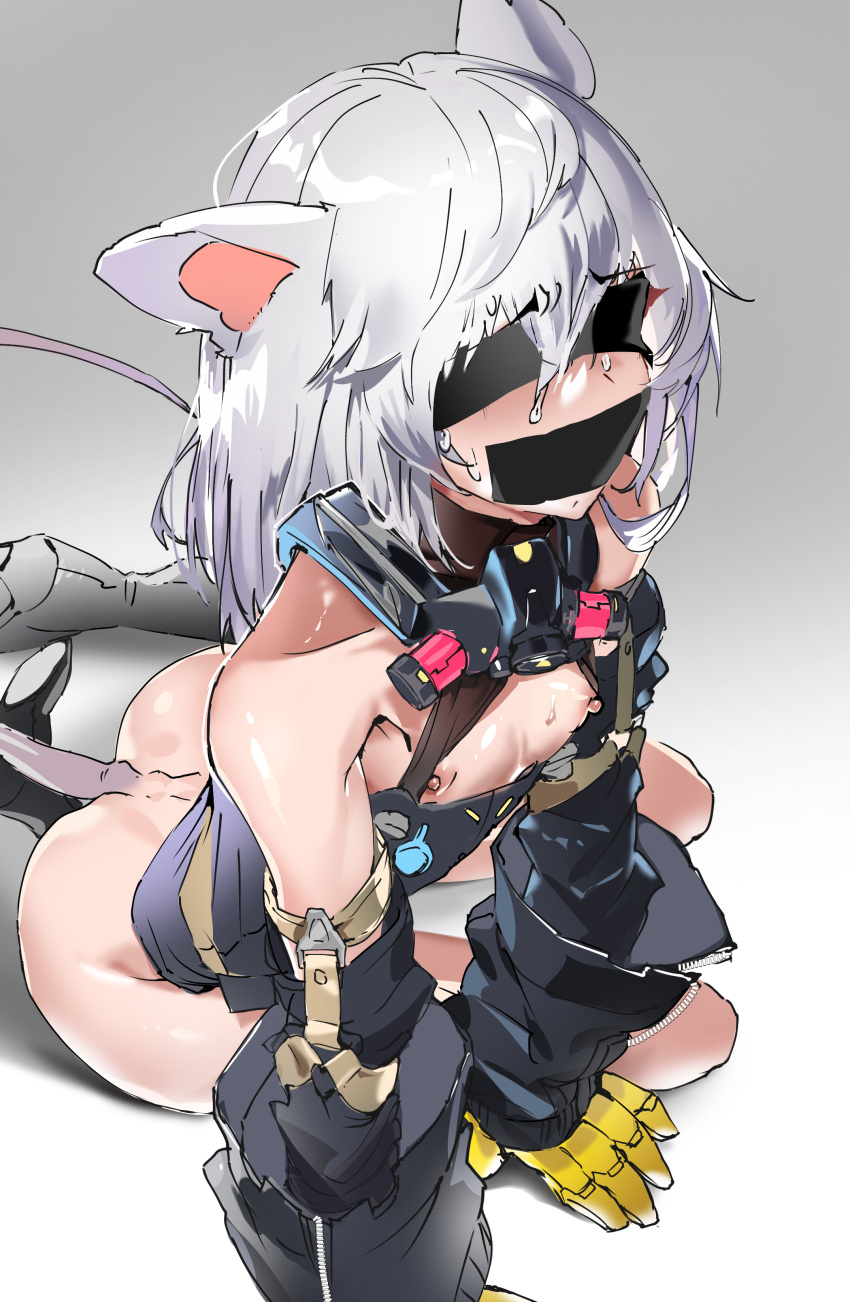1girl absurdres animal_ears arknights ass bare_shoulders black_dress black_footwear blindfold boots covered_eyes detached_sleeves dress facing_viewer flat_chest full_body gag gagged gloves grey_hair highres improvised_gag knee_boots long_hair long_sleeves mouse_ears mouse_girl mouse_tail nipple_slip nipples scavenger_(arknights) short_dress sitting solo tail tape tape_gag tekona0 yellow_gloves