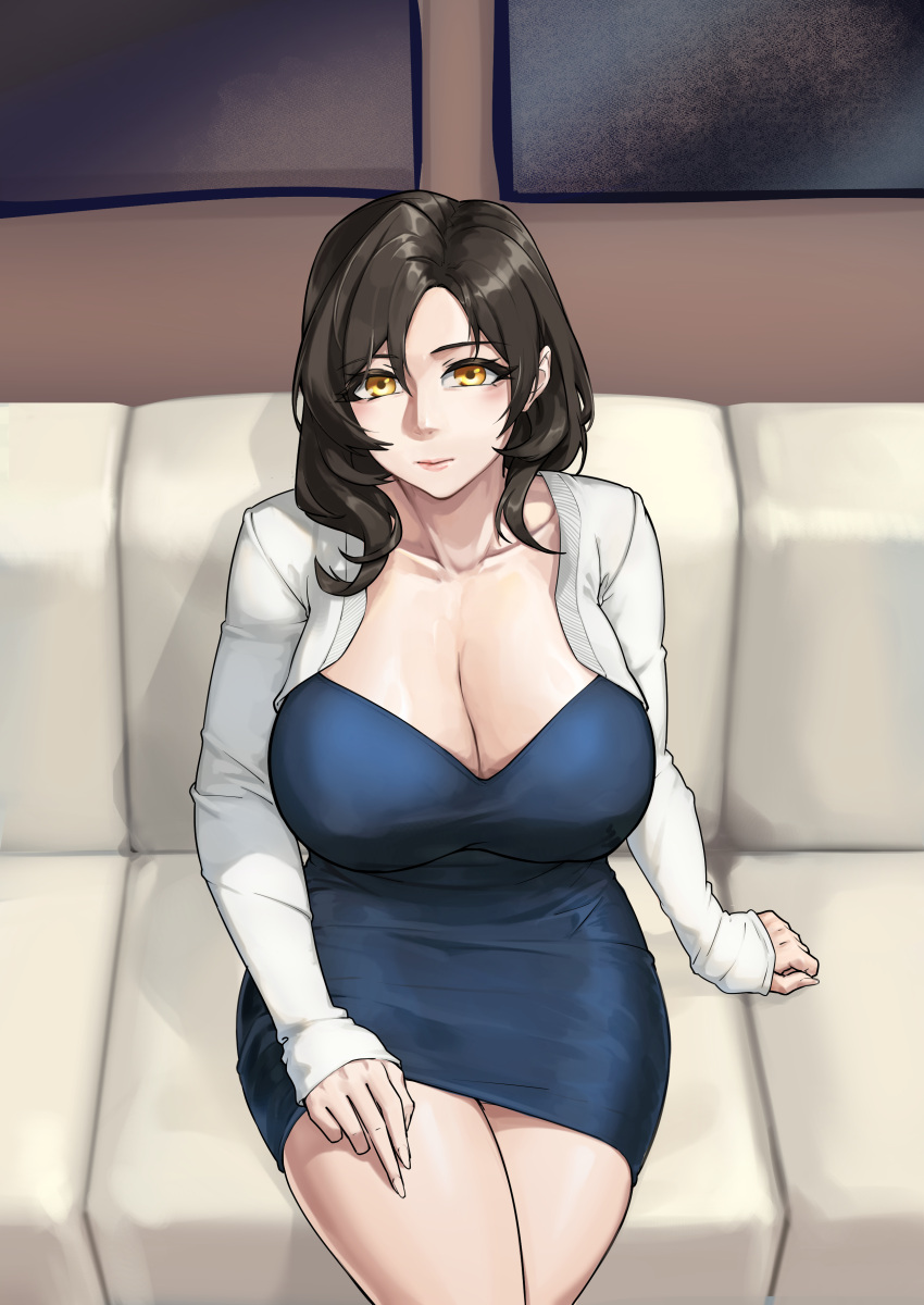 1girl absurdres arm_support blue_dress breasts brown_eyes brown_hair cardigan cleavage closed_mouth couch dress from_above highres huitu_xigai large_breasts looking_at_viewer mature_female medium_hair original short_dress sitting solo white_cardigan