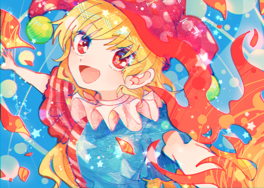 1girl american_flag_dress blonde_hair clownpiece dress fairy fairy_wings fire hat itomugi-kun jester_cap long_hair open_mouth outstretched_arms pink_headwear polka_dot polka_dot_headwear red_eyes short_sleeves smile solo spread_arms star_(symbol) star_in_eye striped striped_dress symbol_in_eye touhou upper_body wings