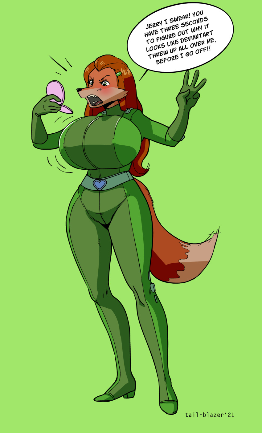 2022 5_fingers alternate_species angry anthro biped bodysuit breast_expansion breasts brown_hair canid canine clothing english_text expansion female fingers fox furrification green_background green_bodysuit hair hi_res holding_object mammal open_mouth sam_(totally_spies!) simple_background skinsuit solo speech_bubble tail-blazer text tight_clothing totally_spies!