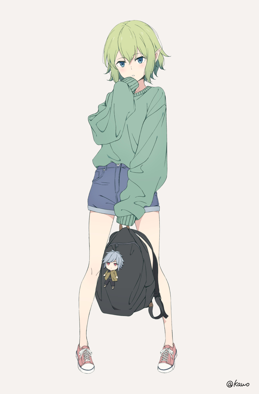 1girl absurdres backpack bag bell_cranel blue_eyes blue_shorts character_doll charmy converse dungeon_ni_deai_wo_motomeru_no_wa_machigatteiru_darou_ka green_hair green_jacket hand_on_own_face highres jacket long_sleeves pink_footwear pointy_ears ryu_lion shoes shorts signature simple_background sleeves_past_fingers sleeves_past_wrists sneakers