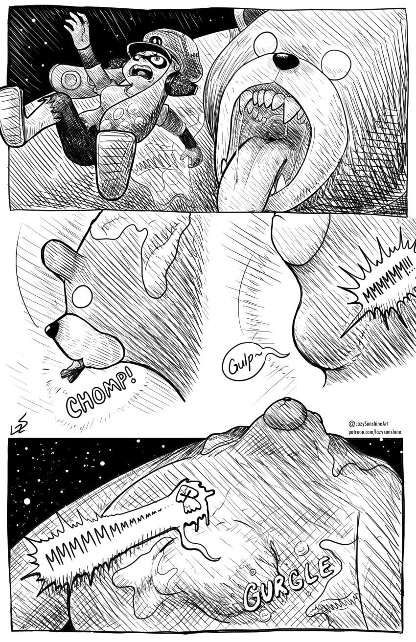 abdominal_bulge agent_3_(splatoon) anthro bear big_tongue black_and_white bodily_fluids bottomwear cephalopod circle_eyes clothing coleoid comic death decapodiform digestion digestion_noises duo emanata falling female flip_flops footwear forced hat headgear headphones headwear hi_res high-angle_view imminent_vore lazy_sunshine low-angle_view male male/female mammal marine mollusk monochrome monster mouth_shot mr._grizz neck_bulge nintendo open_mouth oral_vore reaching reaching_out saliva saliva_string sandals screaming sharp_teeth shirt shorts signature size_difference soft_vore space speech_bubble splatoon splatoon_(series) splatoon_3 swallowing teeth tongue topwear torn_bottomwear torn_clothing torn_shirt torn_shorts torn_topwear unwilling_vore vore
