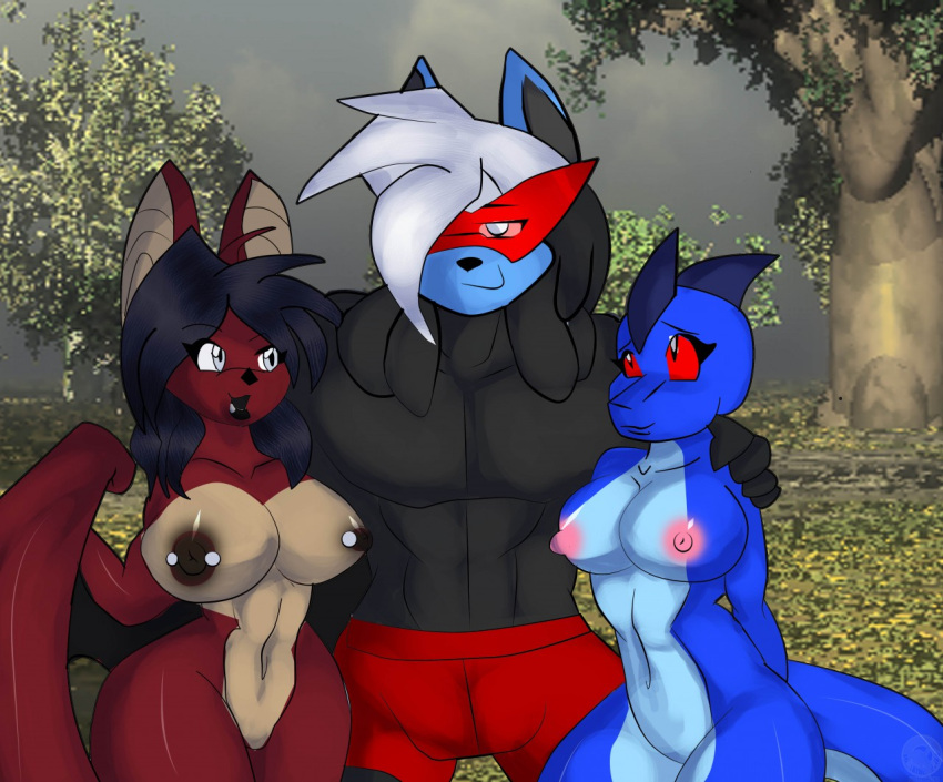 2015 anthro anu_(shadow-anubis) areola bat big_breasts black_body black_fur black_hair blue_body blue_scales blue_skin breasts brown_areola brown_nipples butt clothed clothed/nude clothed_male_nude_female clothing cloud curvy_figure female fur generation_4_pokemon grass group hair hand_on_shoulder hands_behind_back jeffron june_(justathereptile) justathereptile kamina_shades komodo_dragon lizard lucario male male/female mammal membrane_(anatomy) membranous_wings monitor_lizard nintendo nipple_piercing nipples non-mammal_breasts non-mammal_nipples nude nude_female outdoor_nudity outside piercing pink_areola pink_nipples plant pokemon pokemon_(species) red_body red_eyes red_fur reptile scales scalie scutes selphia shadow-anubis simple_background sky smile tail thick_thighs topless topless_male tree trio watermark white_eyes white_hair wide_hips wings