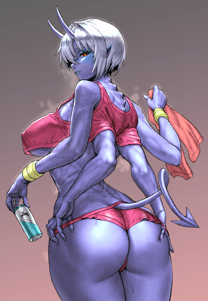 absurdres ass bangs blue_skin breasts colored_skin crop_top demon_girl demon_tail energy_drink extra_arms hair_between_eyes highres horns large_breasts light_smile looking_at_viewer looking_back micro_shorts mochisuna oni_horns original red_eyes short_hair shorts slit_pupils sportswear steaming_body tail tail_through_clothes towel underboob undressing white_hair wristband