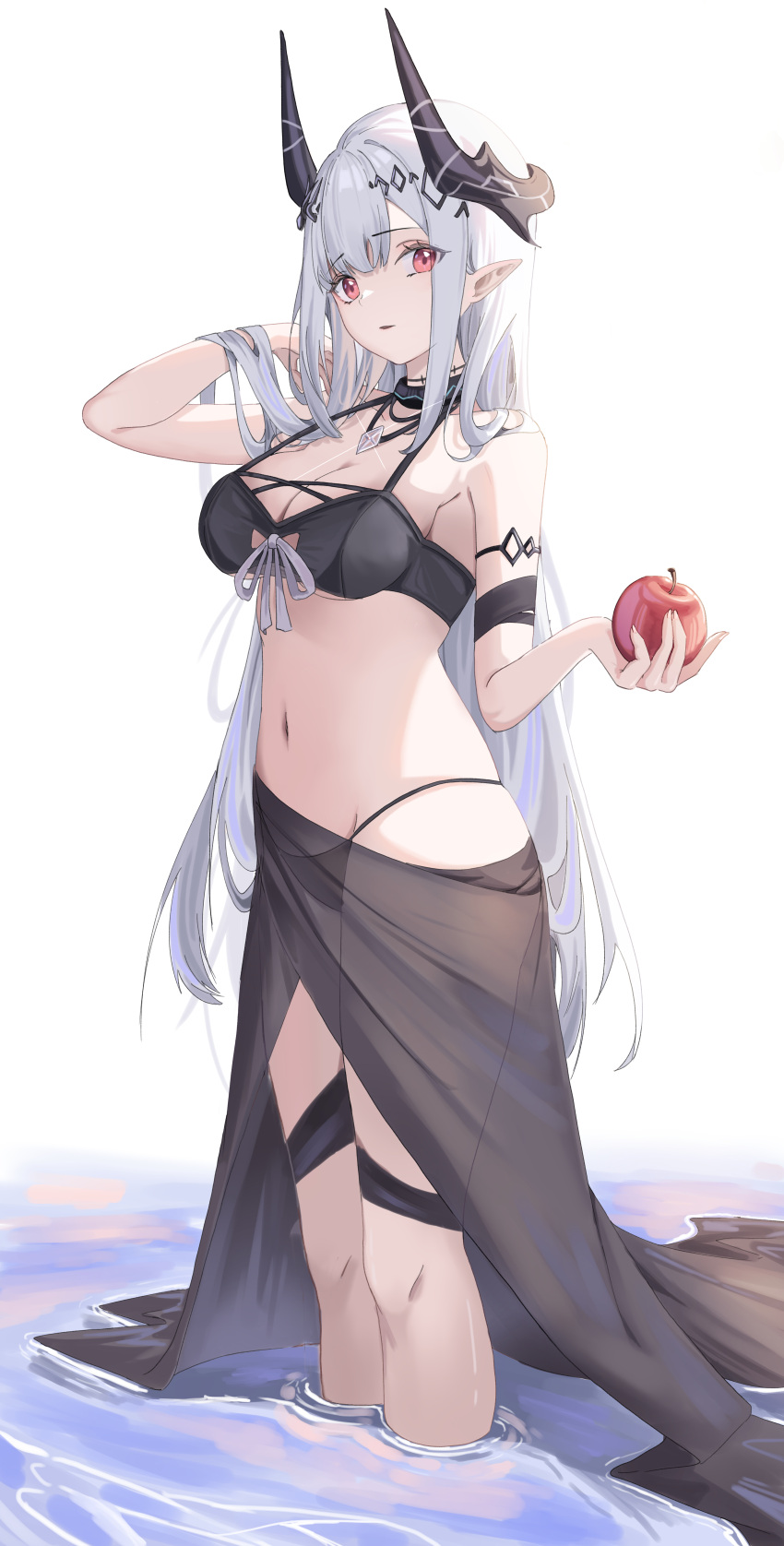 1girl absurdres apple arknights arm_up bangs bare_shoulders bikini black_bikini breasts cake_walker cleavage collar food fruit grey_hair hair_ornament hand_in_own_hair highres holding holding_food holding_fruit horns incredibly_absurdres jewelry large_breasts long_hair looking_at_viewer mudrock_(arknights) mudrock_(silent_night)_(arknights) navel necklace official_alternate_costume parted_lips poi red_eyes ribbon sarong see-through simple_background smile soaking_feet solo standing stomach swimsuit very_long_hair water white_background white_ribbon