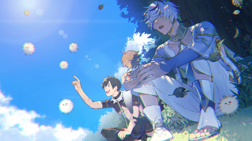 3boys bishounen black_hair blade_(nu_carnival) blue_sky brown_hair collar day eiden_(nu_carnival) garu_(nu_carnival) gem highres long_sleeves male_focus multicolored_hair multiple_boys nu_carnival official_art outdoors purple_eyes scar scar_on_arm scar_on_face scar_on_nose sharp_teeth short_hair sitting sky spiked_collar spikes streaked_hair taaro_(heather789262) teeth white_hair yellow_eyes