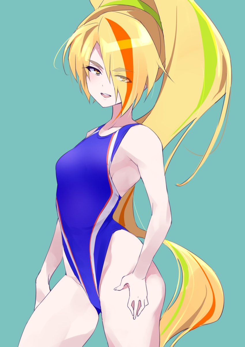 1girl blonde_hair blue_background blue_one-piece_swimsuit competition_swimsuit coveredcore eyes_visible_through_hair green_hair hair_over_one_eye highleg highleg_swimsuit highres long_hair multicolored_clothes multicolored_hair multicolored_swimsuit nikaidou_saki one-piece_swimsuit orange_hair solo streaked_hair swimsuit very_long_hair zombie_land_saga