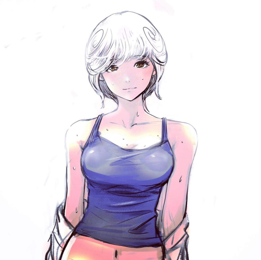 1girl 6maker amano_ai blue_tank_top breasts brown_eyes commentary_request curly_hair den'ei_shoujo highres medium_breasts midriff navel procreate_(medium) solo sweat tank_top upper_body white_hair