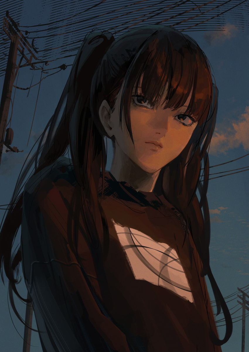 1girl absurdres ao_desu2222 bangs black_eyes black_hair black_shirt blue_sky closed_mouth cloud evening expressionless highres long_hair long_sleeves original outdoors power_lines shirt sidelocks sky solo twintails upper_body utility_pole