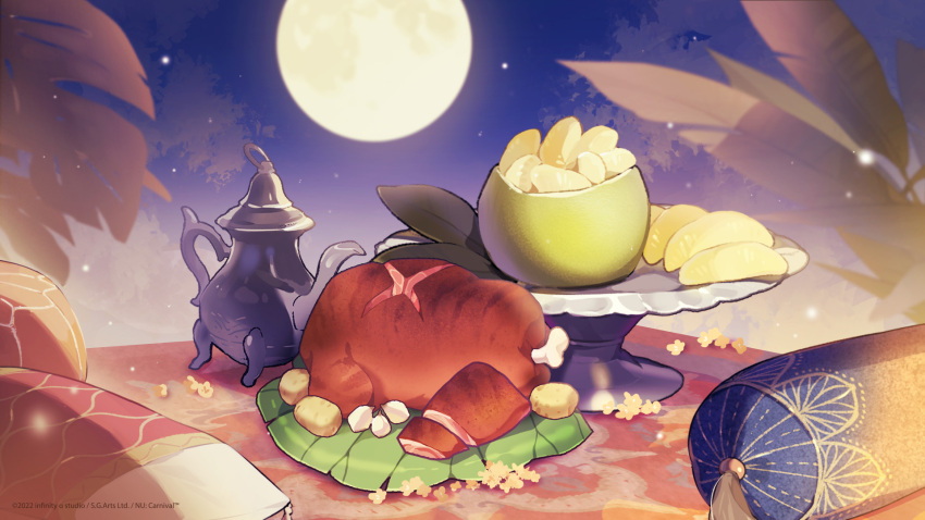 boned_meat food fruit full_moon highres meat moon night night_sky no_humans nu_carnival official_art palm_leaf plate pomelo sky teapot tropical