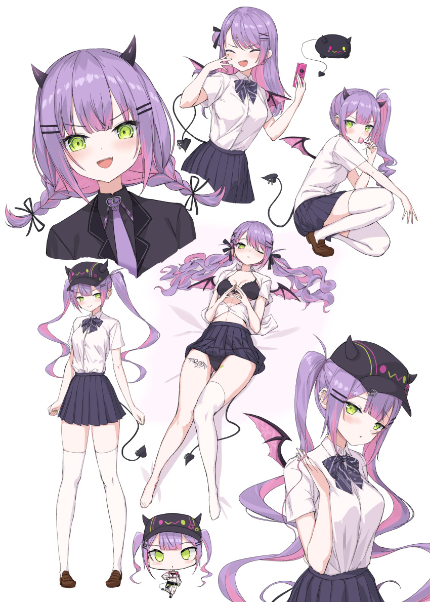 1girl absurdres bangs baseball_cap bibi_(tokoyami_towa) black_bra black_headwear black_panties black_ribbon black_skirt blush bow bowtie bra braid breasts brown_footwear candy cellphone colored_inner_hair crystal_shoujo demon_girl demon_horns demon_tail demon_wings ear_piercing fake_horns food full_body green_eyes hair_bun hair_ornament hair_ribbon hairclip hat highres hololive horned_headwear horns leg_tattoo loafers lollipop long_hair looking_at_viewer lying multicolored_hair necktie one_eye_closed one_side_up open_clothes open_mouth open_shirt panties phone piercing pink_hair pleated_skirt purple_hair purple_necktie revision ribbon school_uniform shirt shoes short_hair short_sleeves sidelocks single_side_bun single_thighhigh skirt smartphone smile streaked_hair tail tail_ornament tail_piercing tattoo thighhighs tokoyami_towa twin_braids twintails underwear virtual_youtuber white_shirt white_thighhighs wings zettai_ryouiki