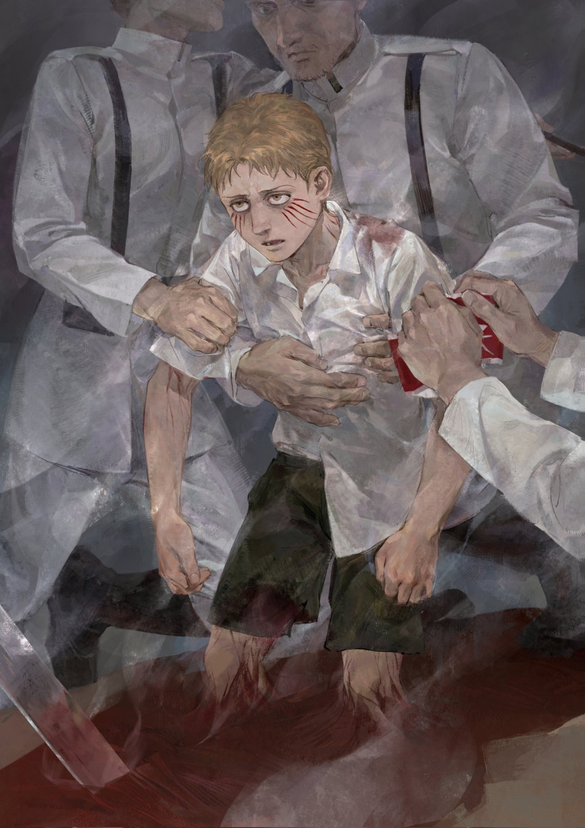 1girl 3boys aged_down armband blonde_hair blood blood_on_clothes collared_shirt highres luguoadeli_(maple12031) male_focus marley_military_uniform multiple_boys reiner_braun shingeki_no_kyojin shirt short_hair shorts solo_focus spoilers steam suspenders training