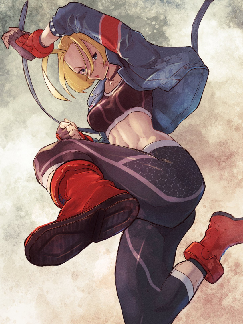 1girl ahoge blonde_hair blue_eyes boots breasts cammy_white choker commentary_request cropped_jacket fingerless_gloves from_below gloves highres huge_ahoge jacket jumping looking_at_viewer midriff pants short_hair solo sports_bra street_fighter street_fighter_6 tight tight_pants yuenibushi