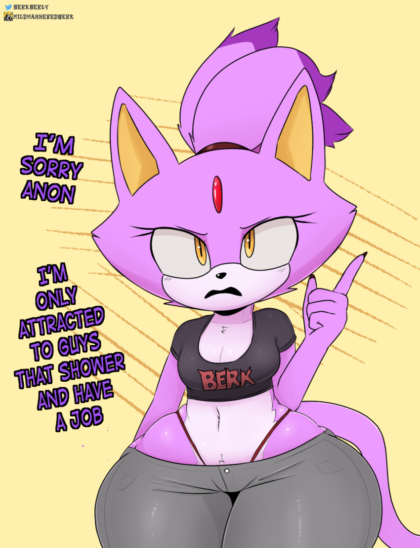 2022 anonymous_artist anthro berkthejerk black_clothing black_nose black_shirt black_topwear blaze_the_cat bottomwear breasts chest_tuft cleavage clothed clothed_anthro clothed_female clothing crop_top domestic_cat edit eyelashes felid feline felis female female_anthro forehead_gem front_view fur grey_bottomwear grey_clothing grey_pants hair hi_res looking_at_viewer mammal midriff panties pants ponytail portrait purple_body purple_fur rejection sega shirt solo sonic_the_hedgehog_(series) standing text text_on_clothing text_on_shirt text_on_topwear thick_thighs thong thong_straps three-quarter_portrait topwear tuft underwear wide_hips yellow_eyes