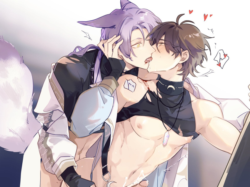 2boys anal animal_ears bishounen blush brown_eyes brown_hair couple cum eiden_(nu_carnival) ejaculating_while_penetrated ejaculation erection fox_boy fox_ears fox_tail gem handsfree_ejaculation highres kiss kuya_(nu_carnival) long_sleeves male_focus multiple_boys nu_carnival pectorals penis purple_hair short_hair surprise_kiss surprised tail tearing_up tears wide-eyed yaoi yellow_eyes zym89622531