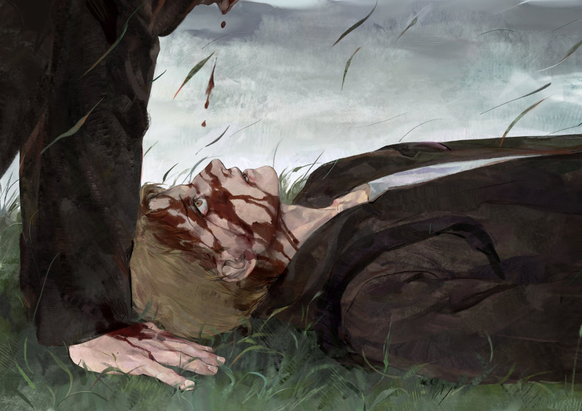 1boy 1other aged_down blonde_hair blood blood_on_face character_request grass highres jacket looking_up luguoadeli_(maple12031) lying male_focus on_back reiner_braun shingeki_no_kyojin shirt short_hair solo_focus upper_body white_shirt