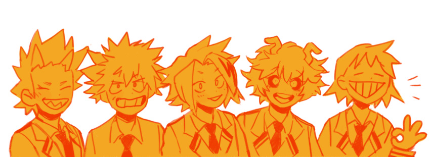 1girl 4boys ashido_mina bakugou_katsuki blazer blush boku_no_hero_academia closed_eyes collared_shirt commentary english_commentary fenkko grin horns jacket kaminari_denki kirishima_eijirou looking_at_viewer monochrome multiple_boys necktie ok_sign open_mouth orange_theme school_uniform sero_hanta shirt short_hair simple_background smile spiked_hair u.a._school_uniform upper_body white_background