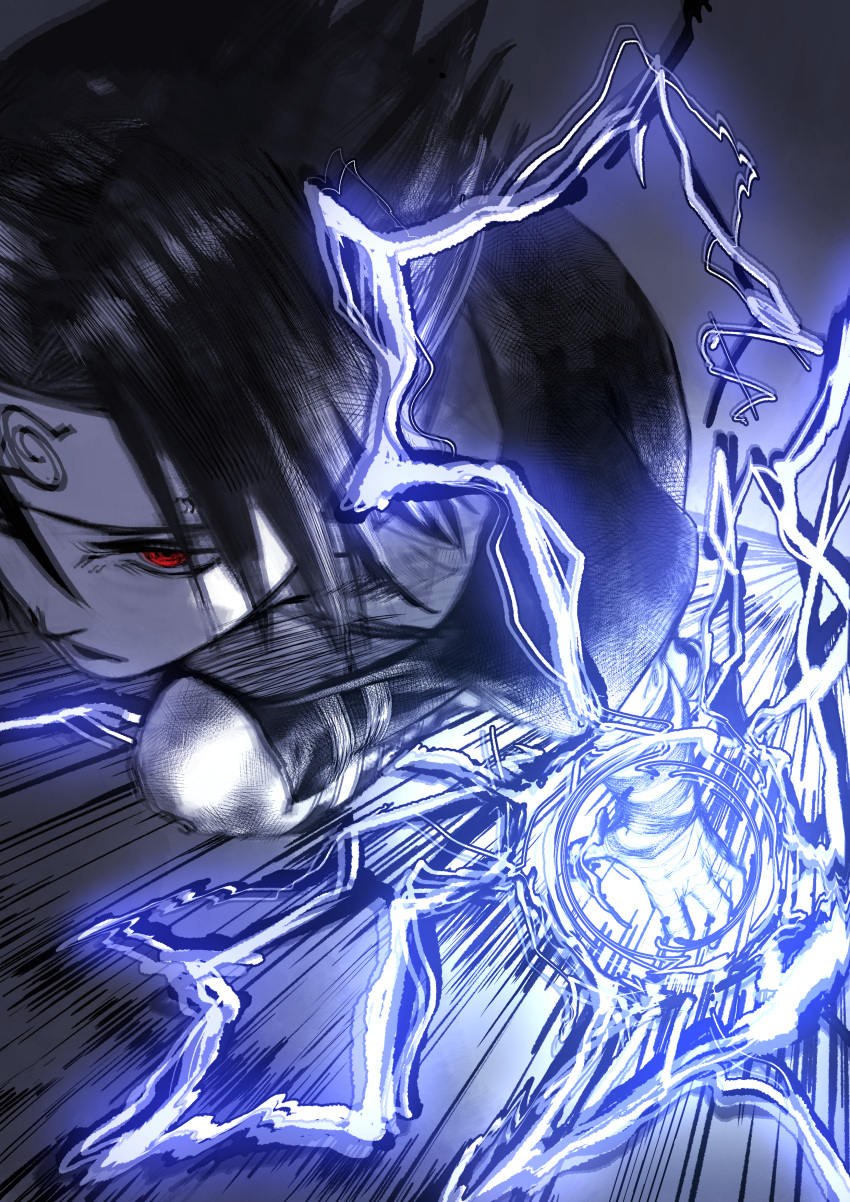 1boy absurdres black_hair chidori_(naruto) doya_(doya_oekaki) electricity forehead_protector glowing highres konohagakure_symbol male_child male_focus naruto_(series) ninja red_eyes running sharingan short_hair solo spiked_hair uchiha_sasuke