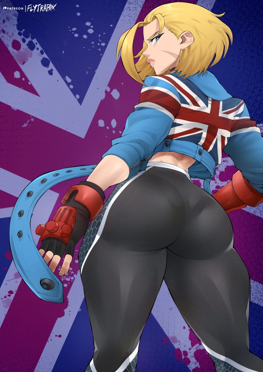 1girl ass ass_focus blonde_hair blue_eyes cammy_white fingerless_gloves flytrapxx gloves highres huge_ass looking_at_viewer looking_back official_alternate_costume official_alternate_hair_length official_alternate_hairstyle pants scar scar_on_face short_hair skin_tight solo street_fighter street_fighter_6 thick_thighs thighs tight tight_pants